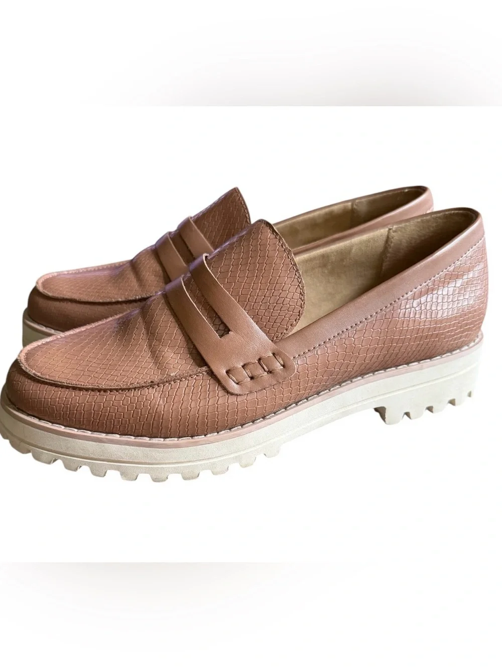 Dolce Vita Abbott Penny Loafers Tan Snake Textured Platform Lug Shoes Size 8.5
